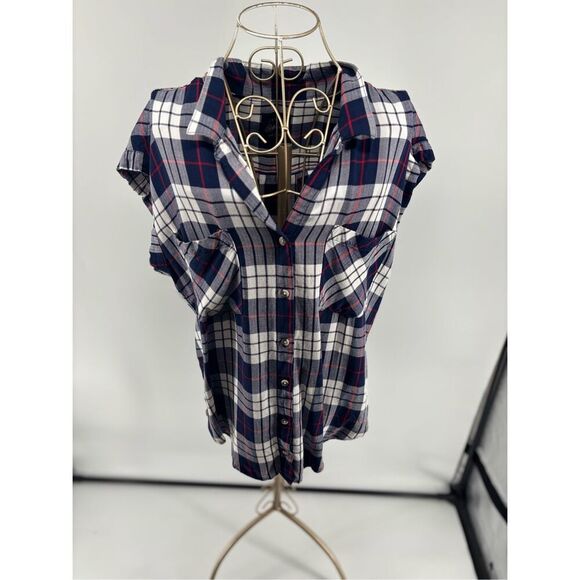 Jachs Girlfriend Plaid Shirt Short Sleeve Button Up Blue Red Women’s Size Medium - Picture 1 of 8